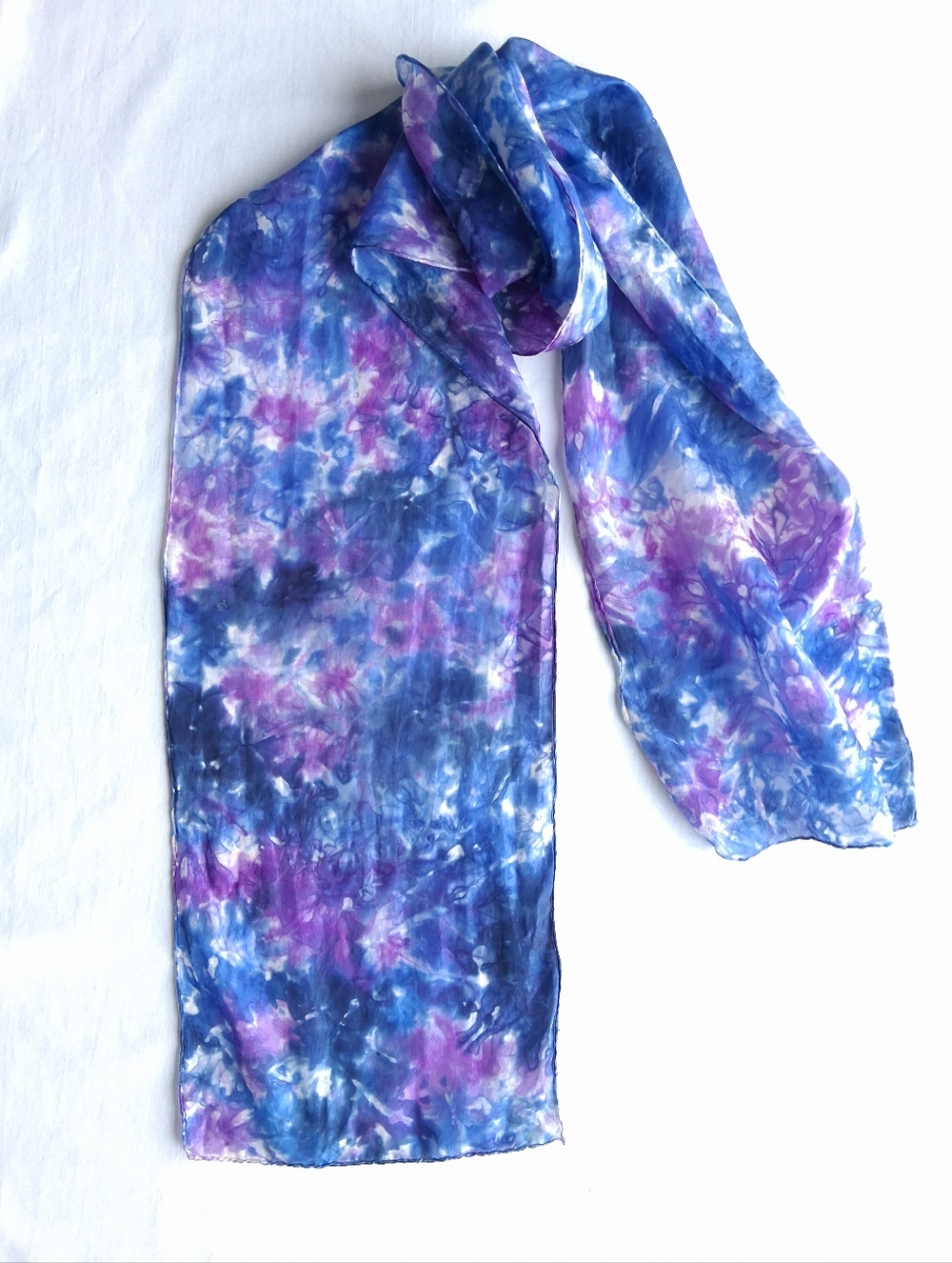 Vintage Silk Scarf Blue & Purple, White Watercolour Lightweight  Long Rectangle